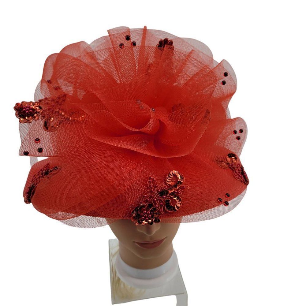 Vintage Ms Divine Red Hat Church Derby‎ Netted Bow Flower Sequin Applique Sraw